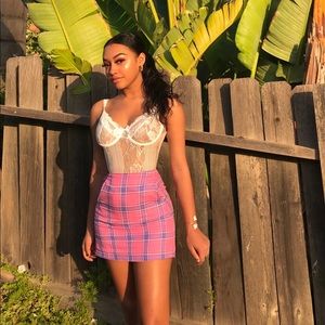 pink and blue plaid skirt